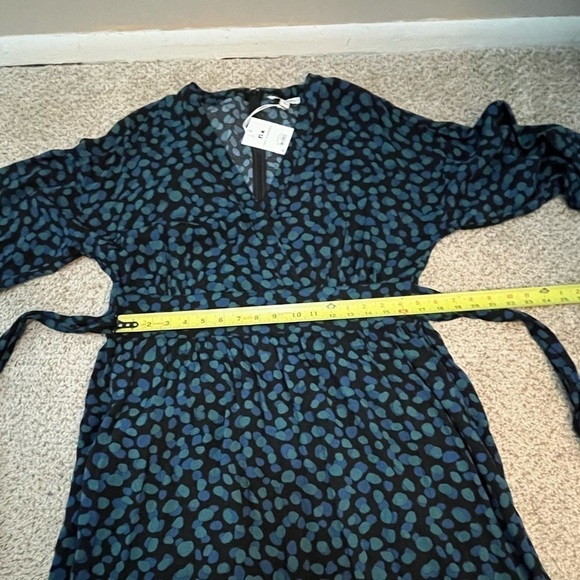 Midi Dress Black Green/Blue Abstract Dots V-Neck Elbow Sleeve Tie Waist Large - Picture 9 of 12